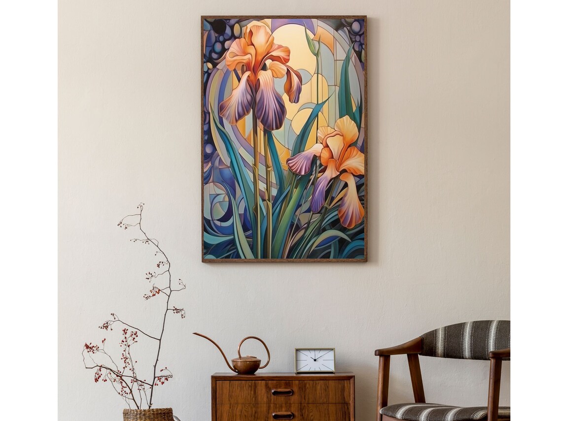 Art Nouveau Orange and Purple Iris Flower Stained Glass Art Poster - Image 3