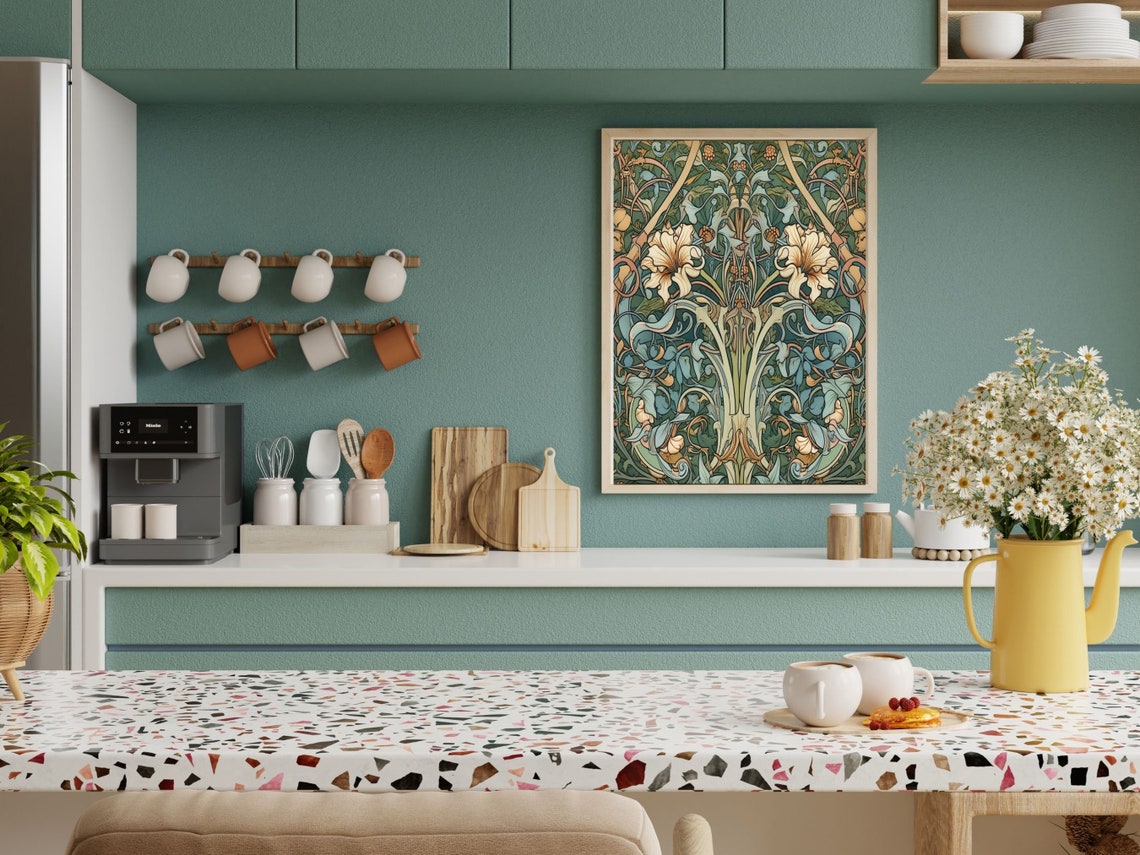 William Morris Style Lilies and Vines Botanical Pattern Wall Art - Image 4