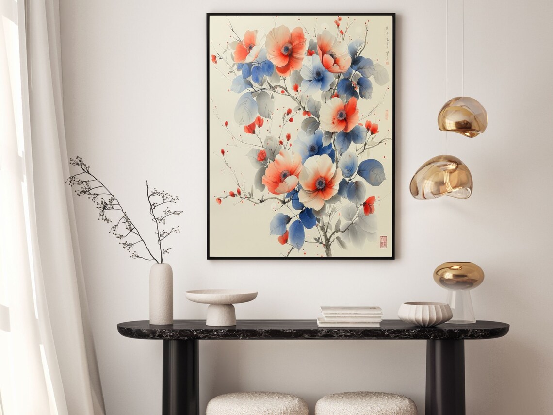Japanese Ink Wash Red And Blue Blossoms Botanical Style Wall Art - Image 6