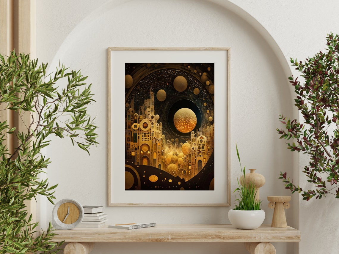 Golden Fantasy Celestial City Orbiting A Giant Planet Art Poster - Image 5