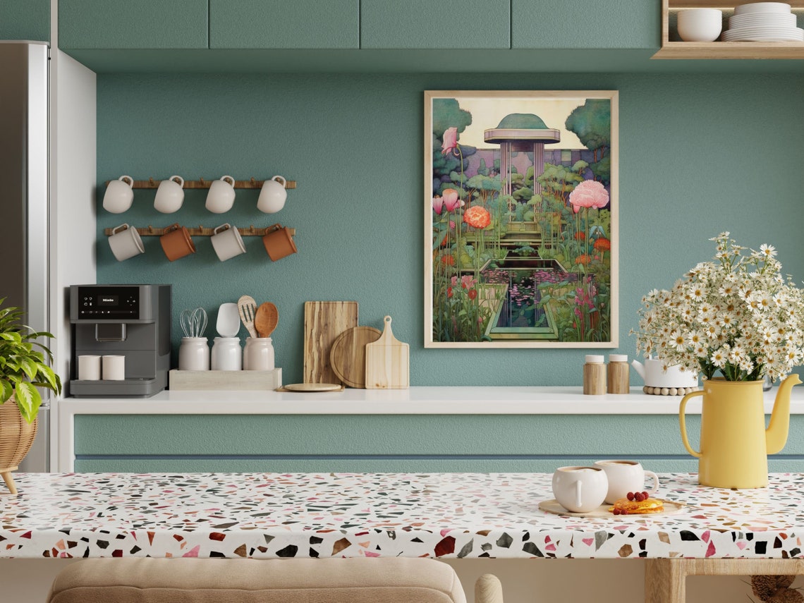 Frank Lloyd Wright Style Garden Pagoda Lotus Pond Design Wall Art - Image 3
