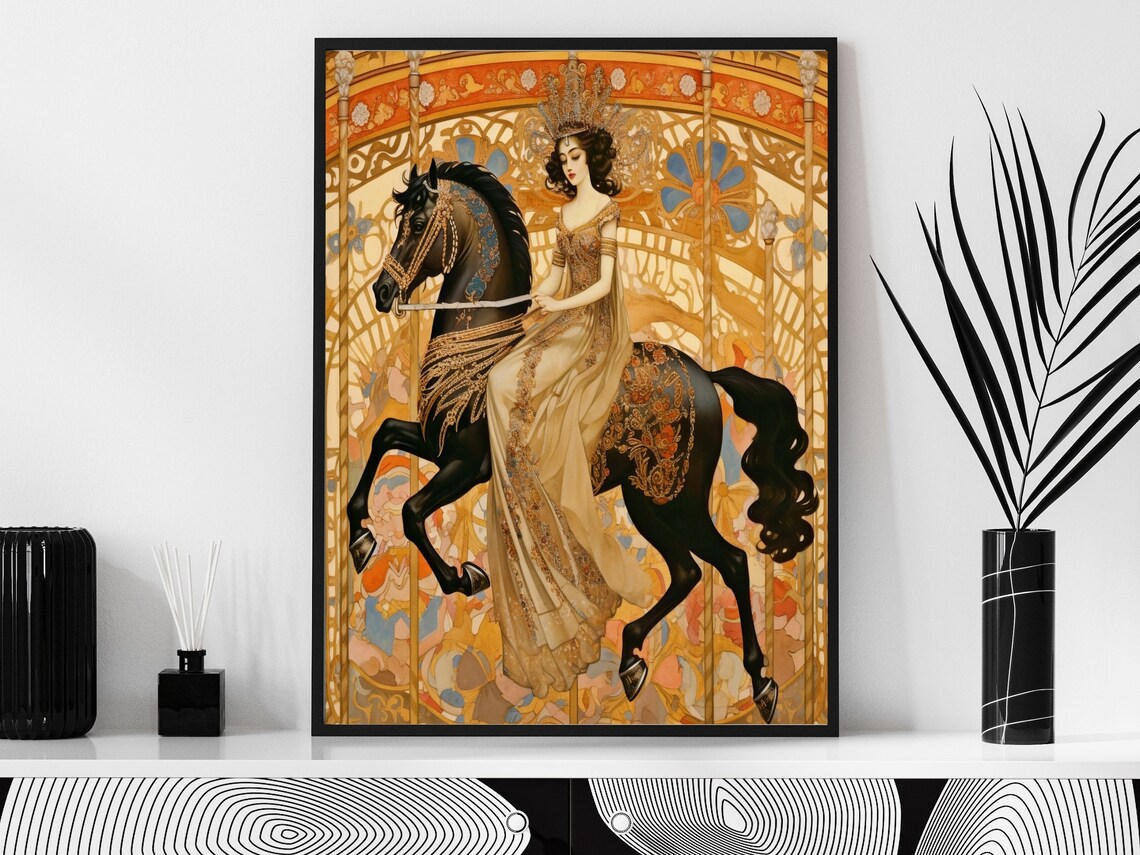 Art Nouveau Woman Riding a Black Carousel Horse in Gold Gown Poster - Image 2