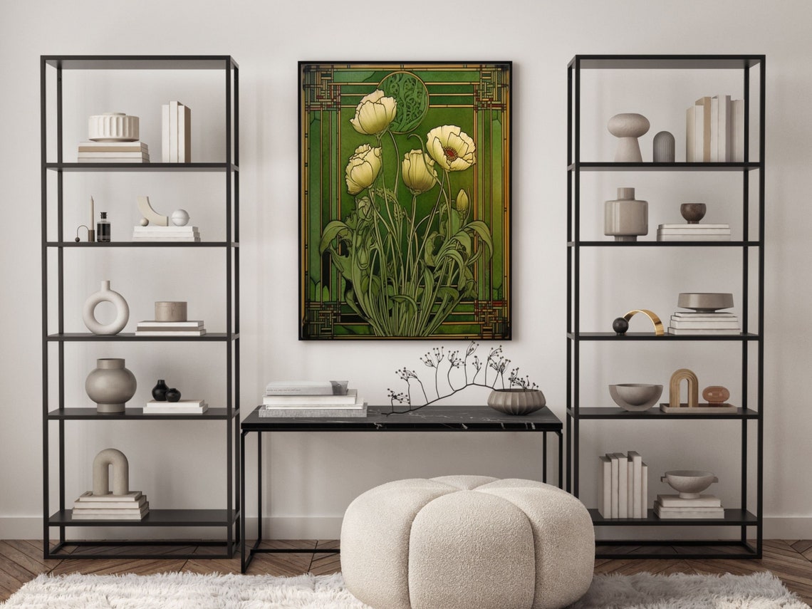 Delicate Art Nouveau White Poppies Green Vintage Botanical Poster - Image 6