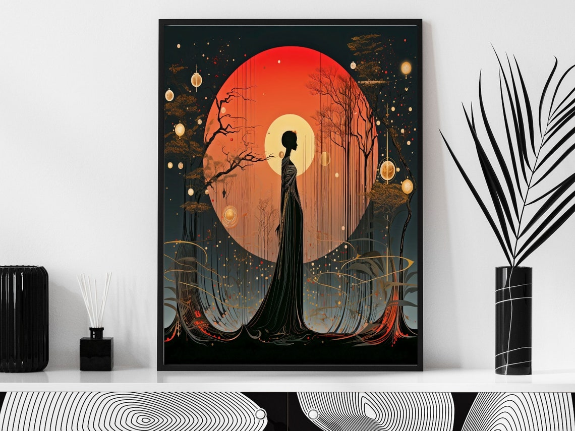 Art Deco Wall Art Red Sun Yellow Moon Art Deco Decor In Red And Black Wall Art Fantasy Art Deco - Image 2