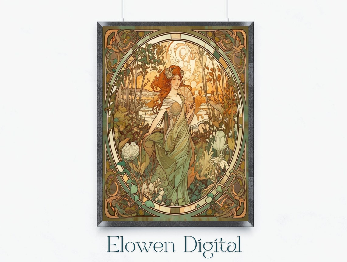 Art Nouveau Red Haired Woman In Garden Oval Frame Floral Poster