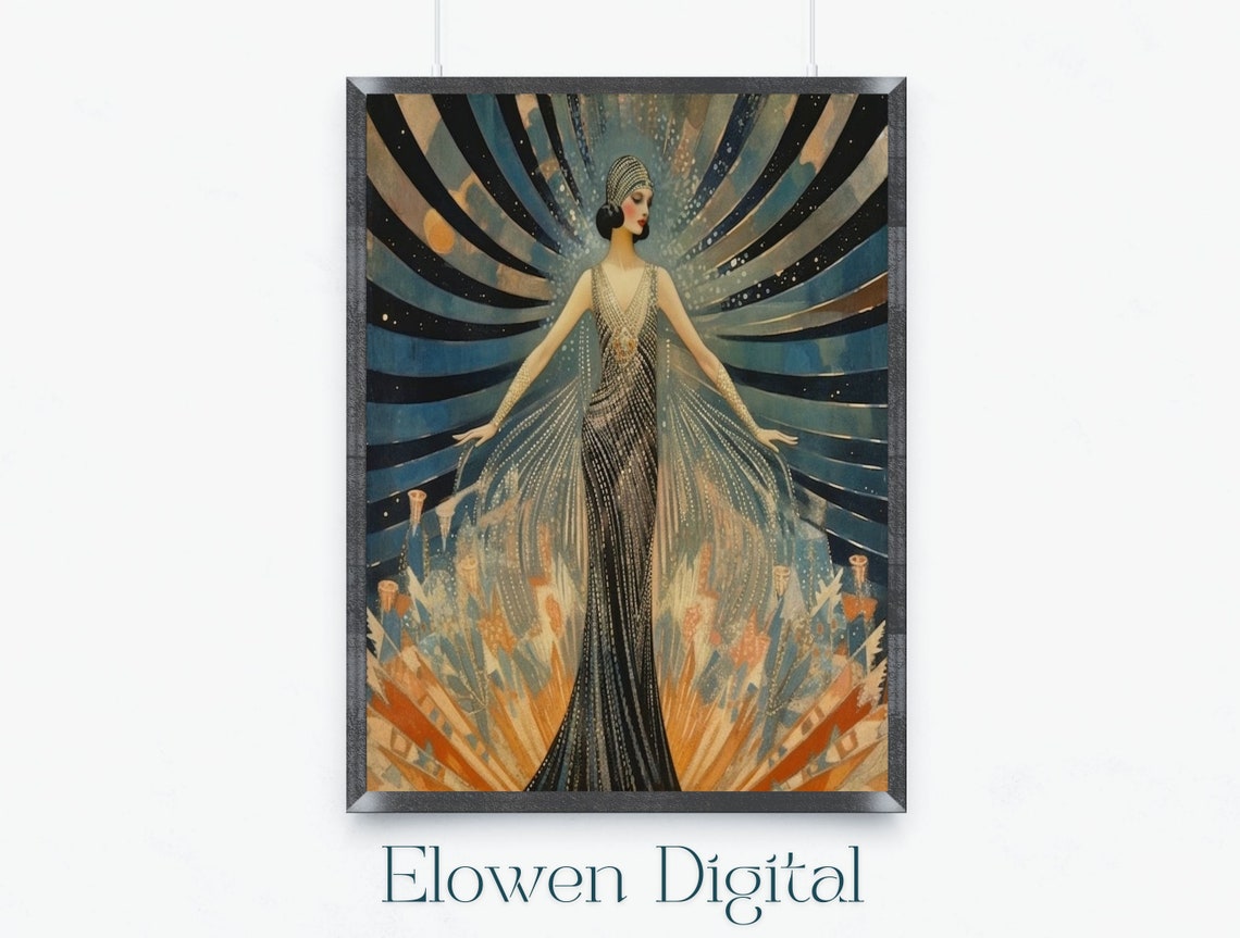 Glamorous Art Deco Erte Style Flapper Sunburst Beaded Gown Poster