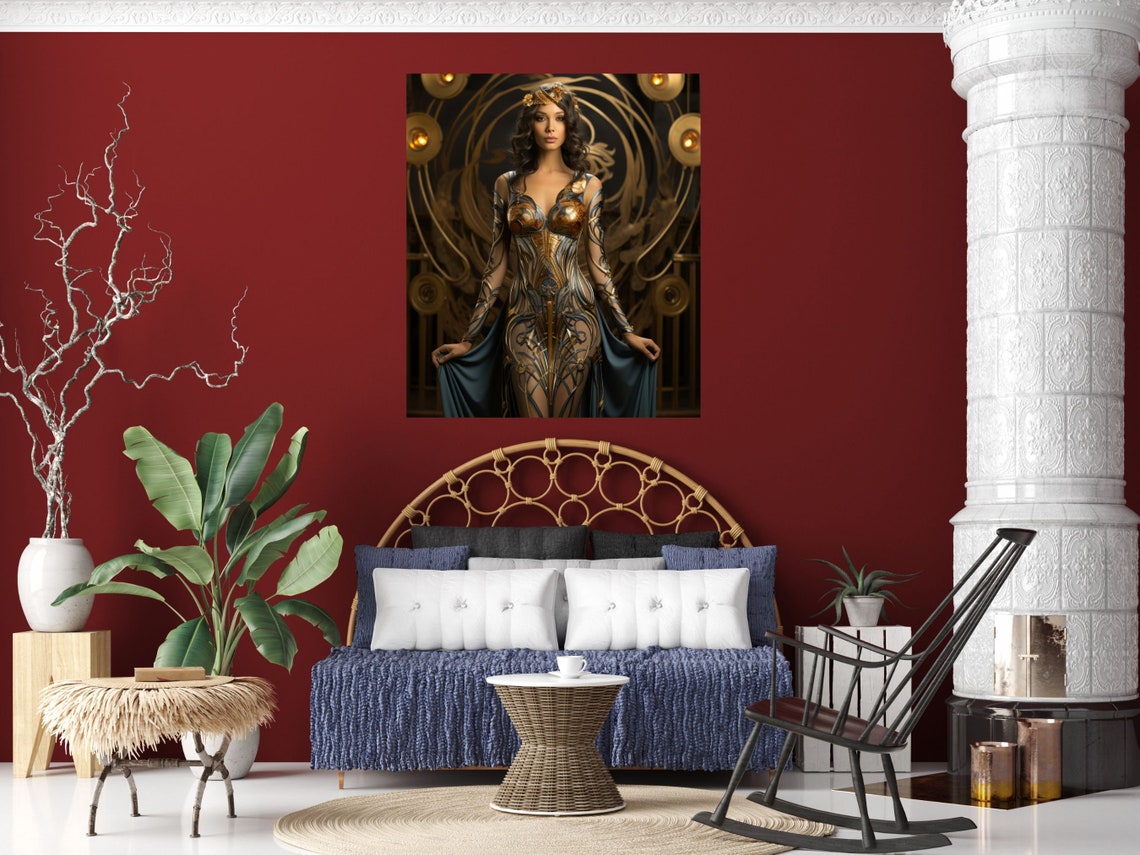Erte Inspired Art Deco Woman Gold Gown Stage Portrait Wall Art - Image 5