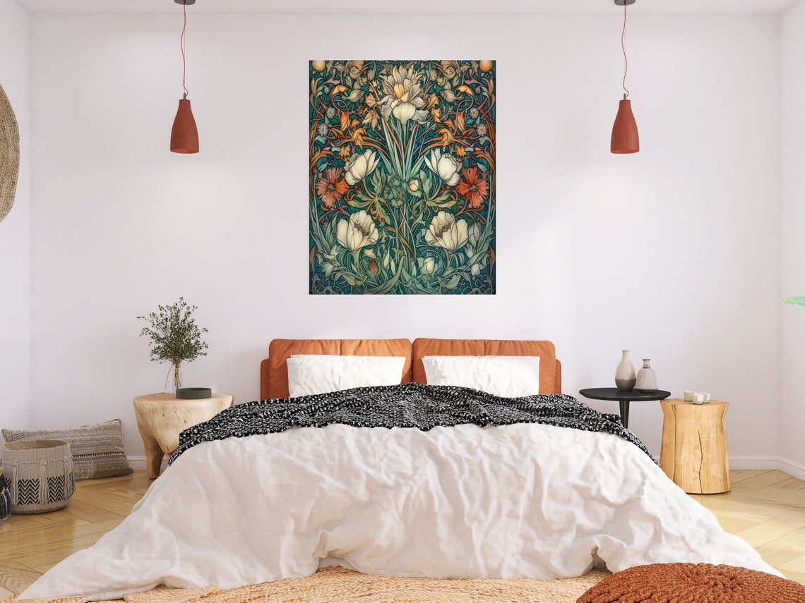 Indigo Botanical Art With White And Coral Flowers Pattern Poster - Image 3