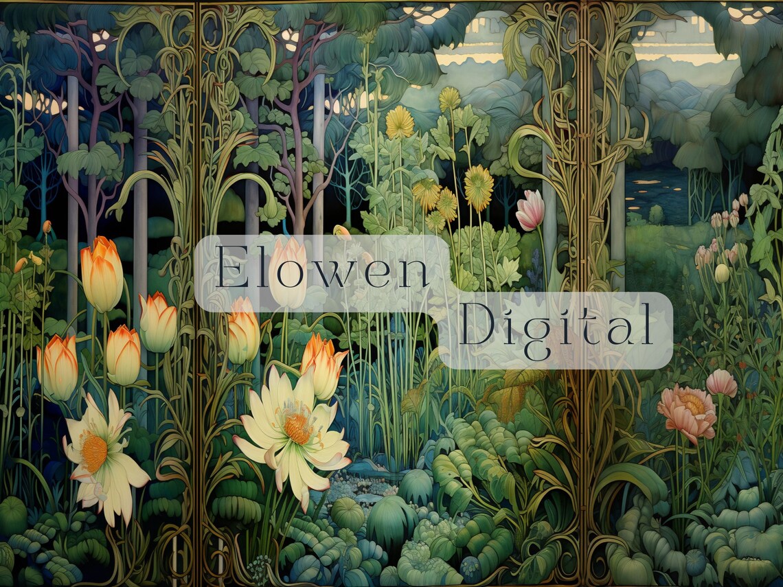 Art Nouveau Tulip Garden in a Blue-Green Forest Landscape Poster - Image 6
