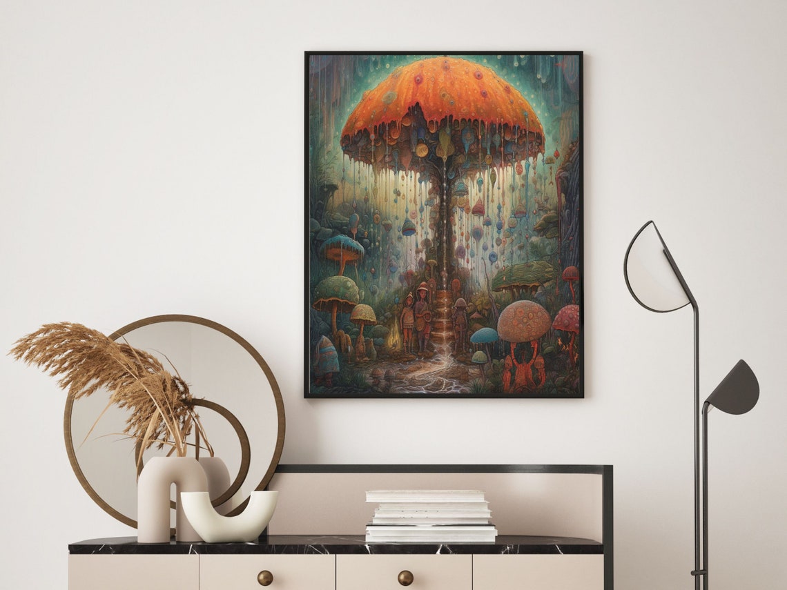 Magical Mushroom Umbrella Fairy Forest Rain Fantasy Art Poster - Image 6