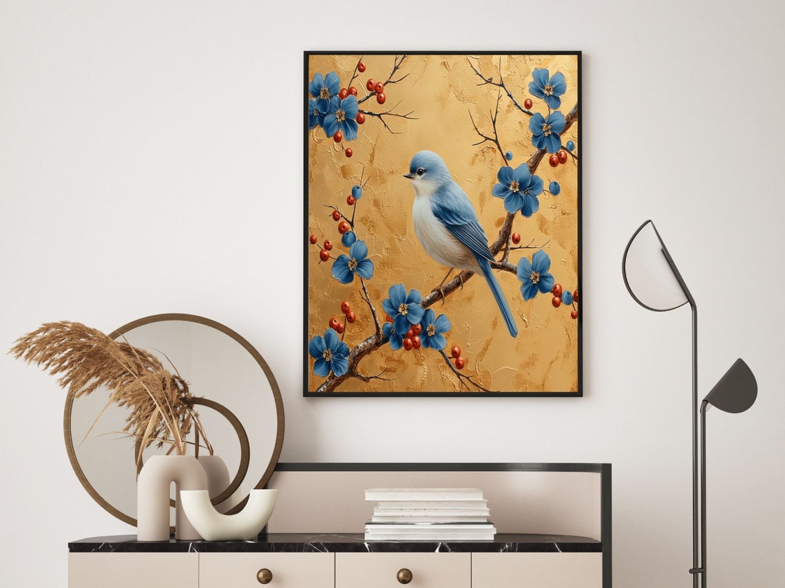 Bluebird Blossoms Red Berries Gold Chinoiserie Botanical Poster - Image 2