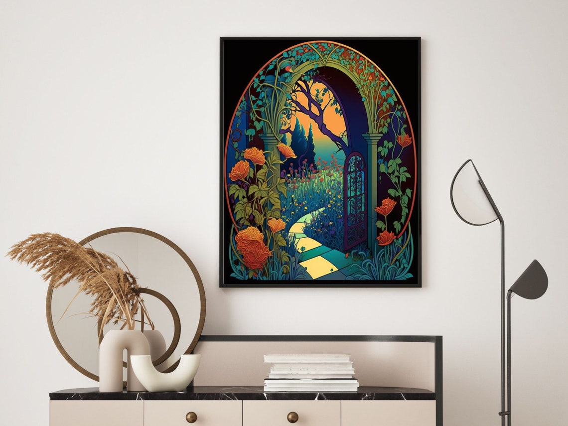 Art Nouveau Sunset Garden Arch Poppy Path Stained Glass Poster - Image 6