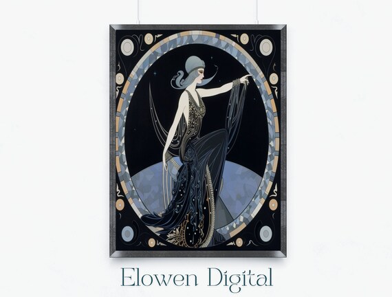 Art Deco Blue Night Sketch Woman In Black Gown Moon Circle Poster