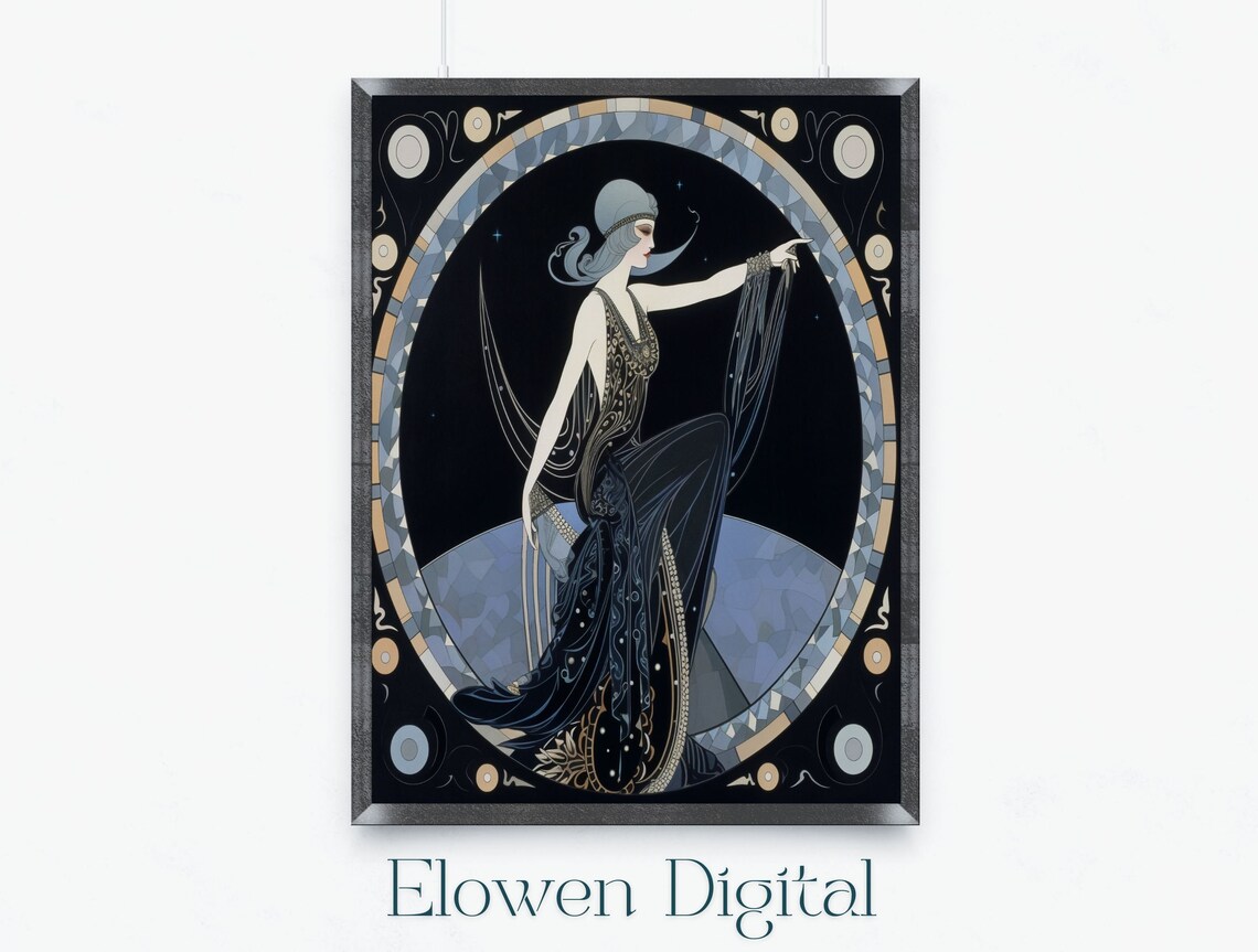 Art Deco Blue Night Sketch Woman In Black Gown Moon Circle Poster