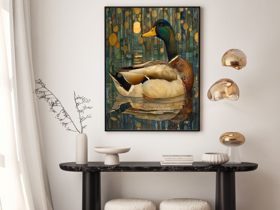 Art Deco Mallard Duck on Golden Marsh 1920s Wildlife Nature Poster - Image 6