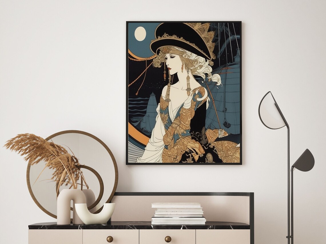 Art Deco Woman In Ornate Hat And Gold Gown Under Night Moon Poster - Image 6