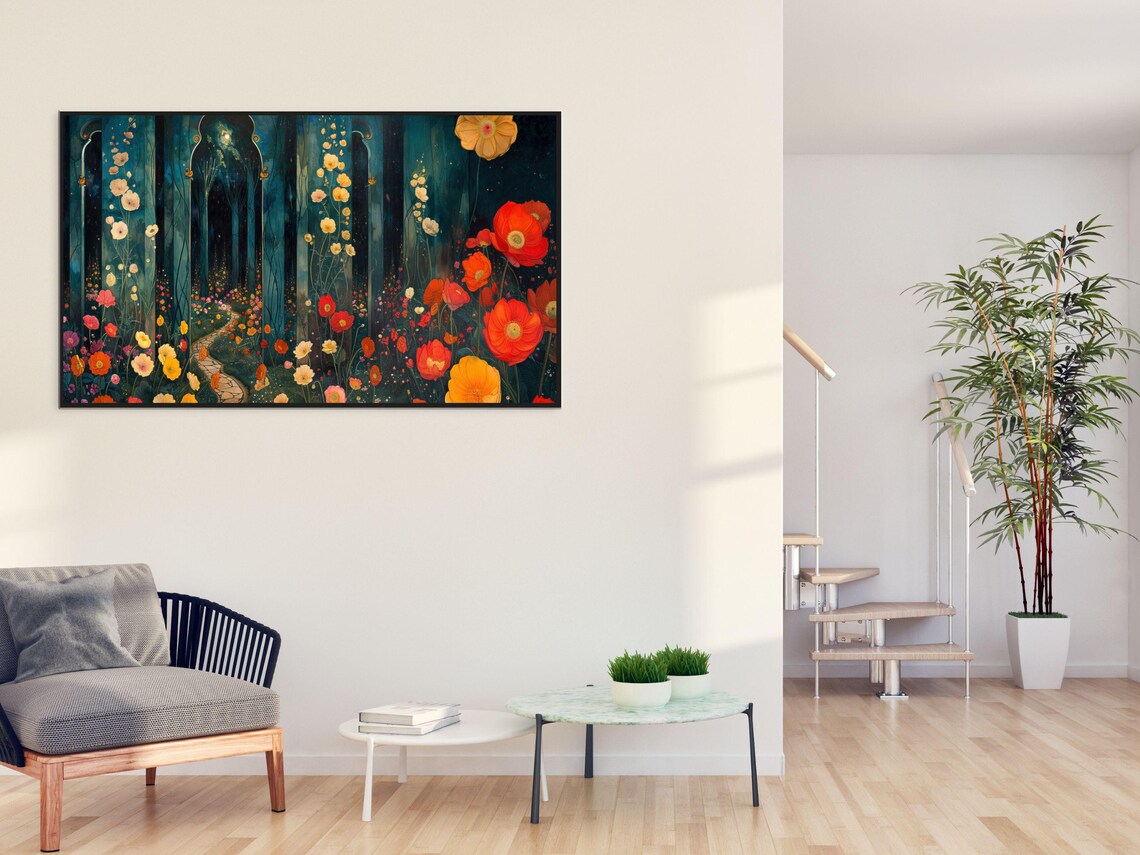 Art Nouveau Moonlit Flower Lane Through a Dark Garden at Night Poster - Image 5