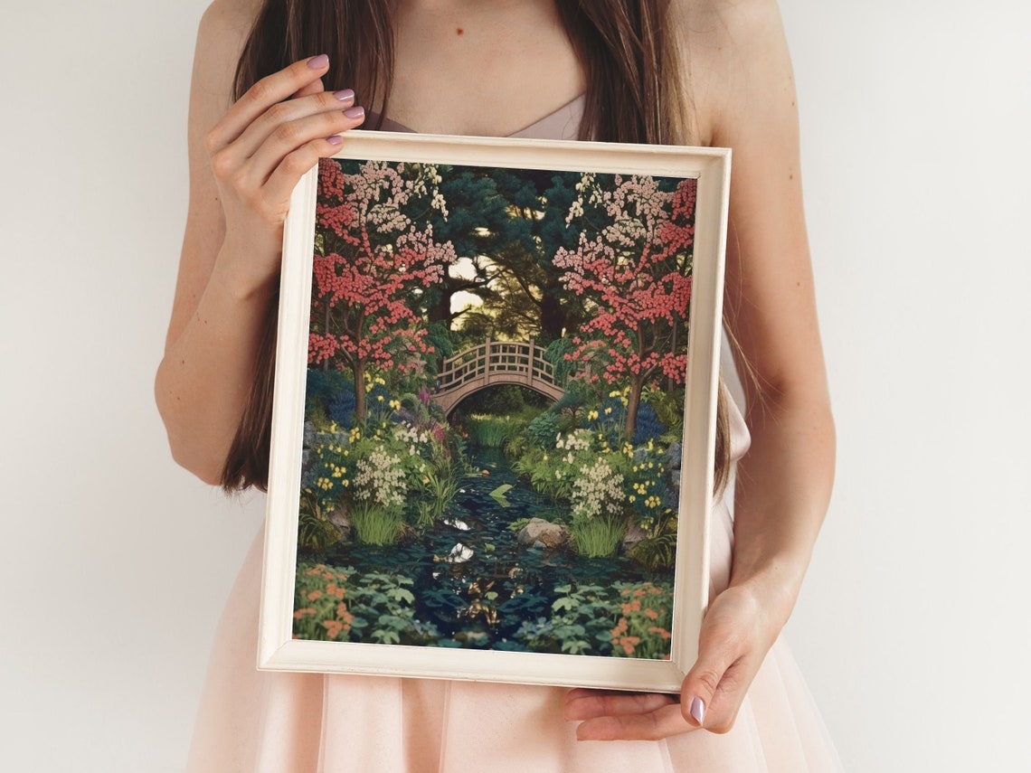 Japanese Garden With Arched Bridge and Red Autumn Trees Poster - Image 5