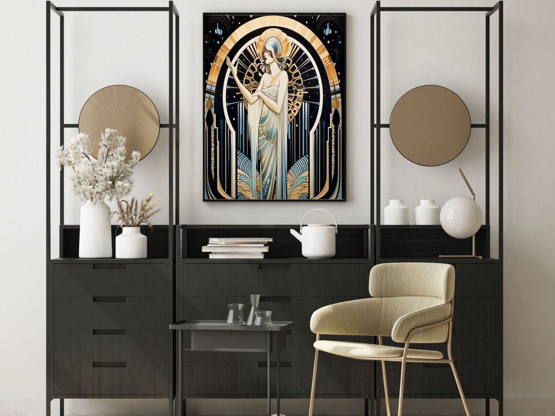 Erté-Inspired Woman in Gold Headdress Before Radiant Halo Poster - Image 6