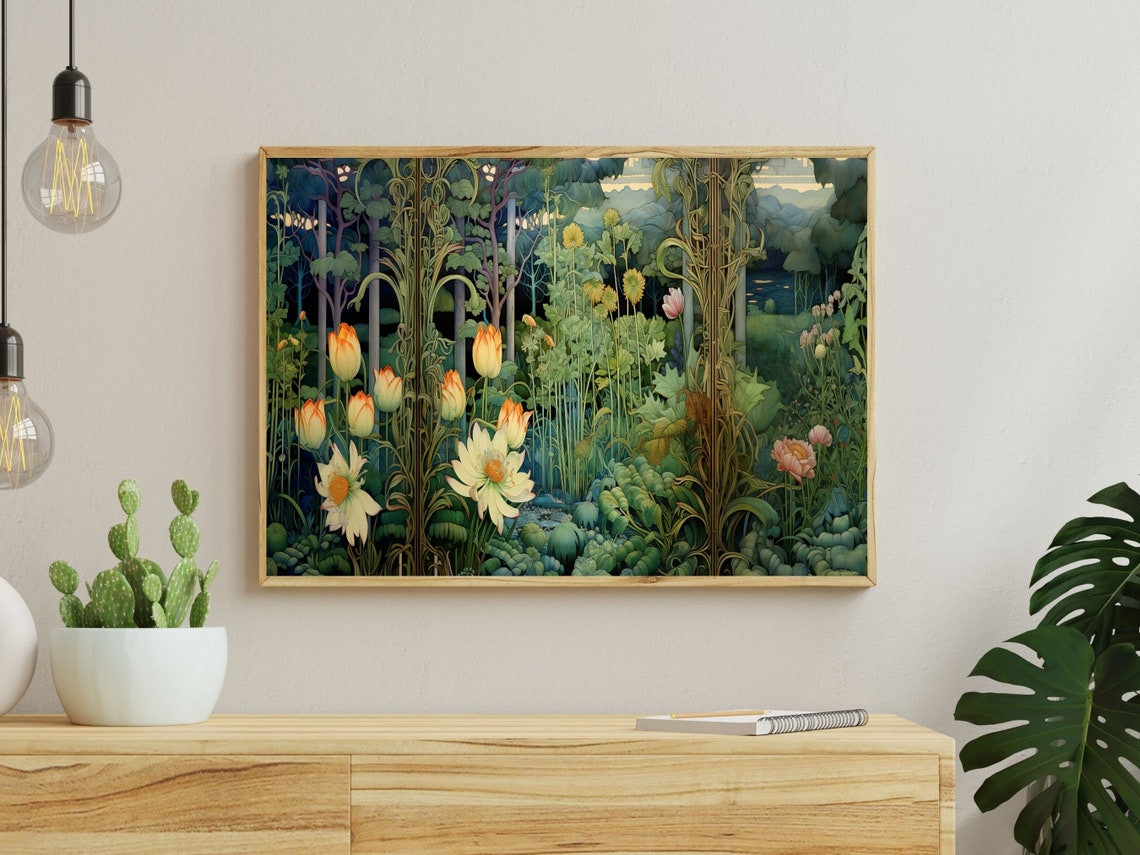 Art Nouveau Tulip Garden in a Blue-Green Forest Landscape Poster - Image 4