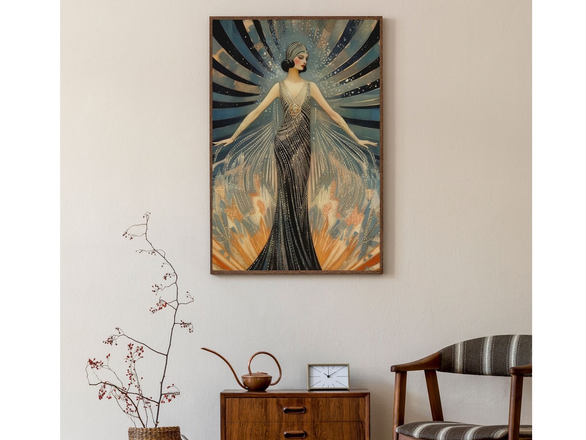 Vintage Erté Inspired Flapper in Beaded Gown with Starburst Poster - Image 6