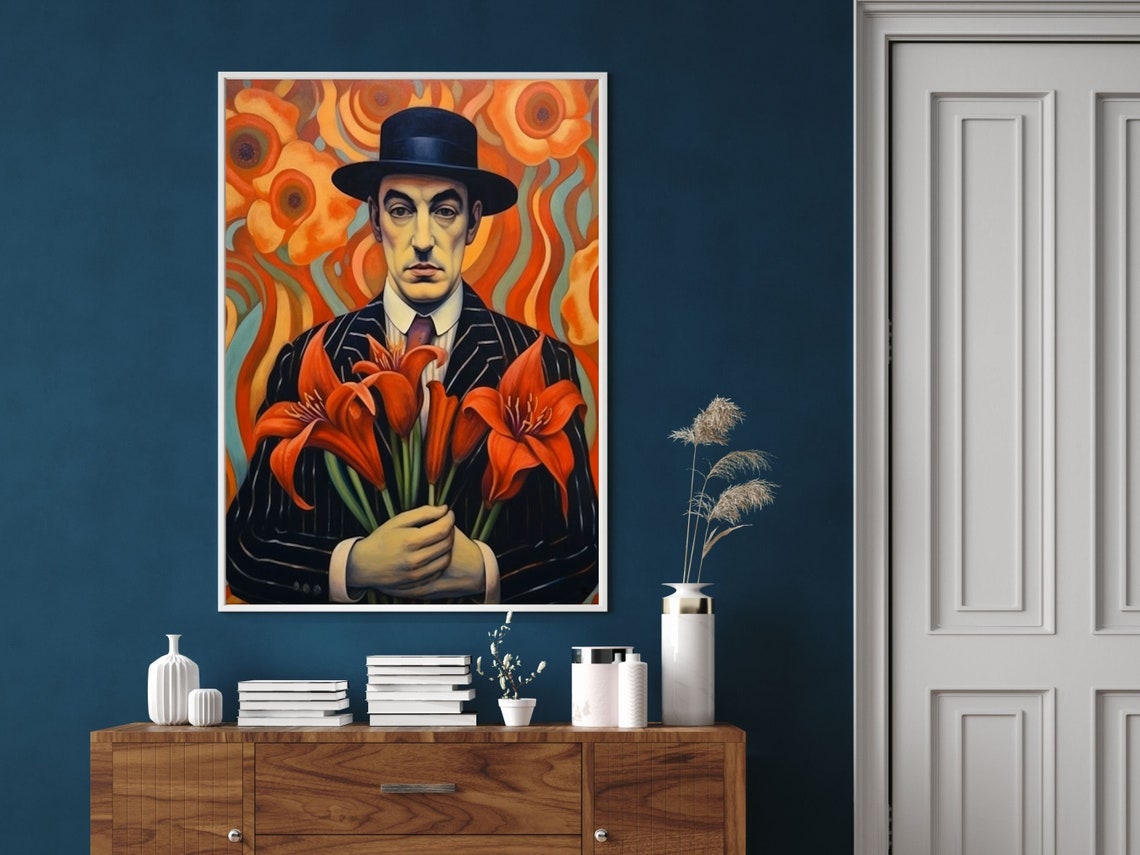 Art Nouveau Man In Pinstripe Suit Holding Red Lilies Portrait Poster - Image 2