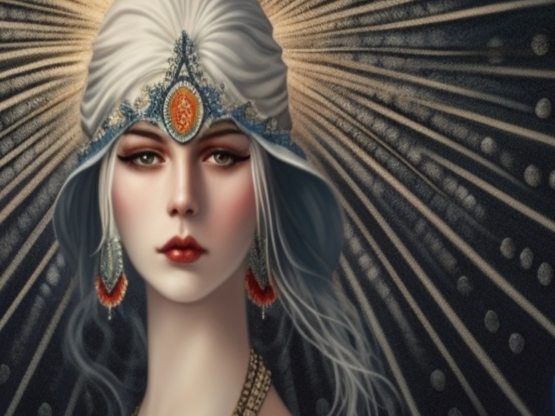 Erté Style Art Deco Lady in Midnight Blue with Golden Sunburst Poster - Image 5