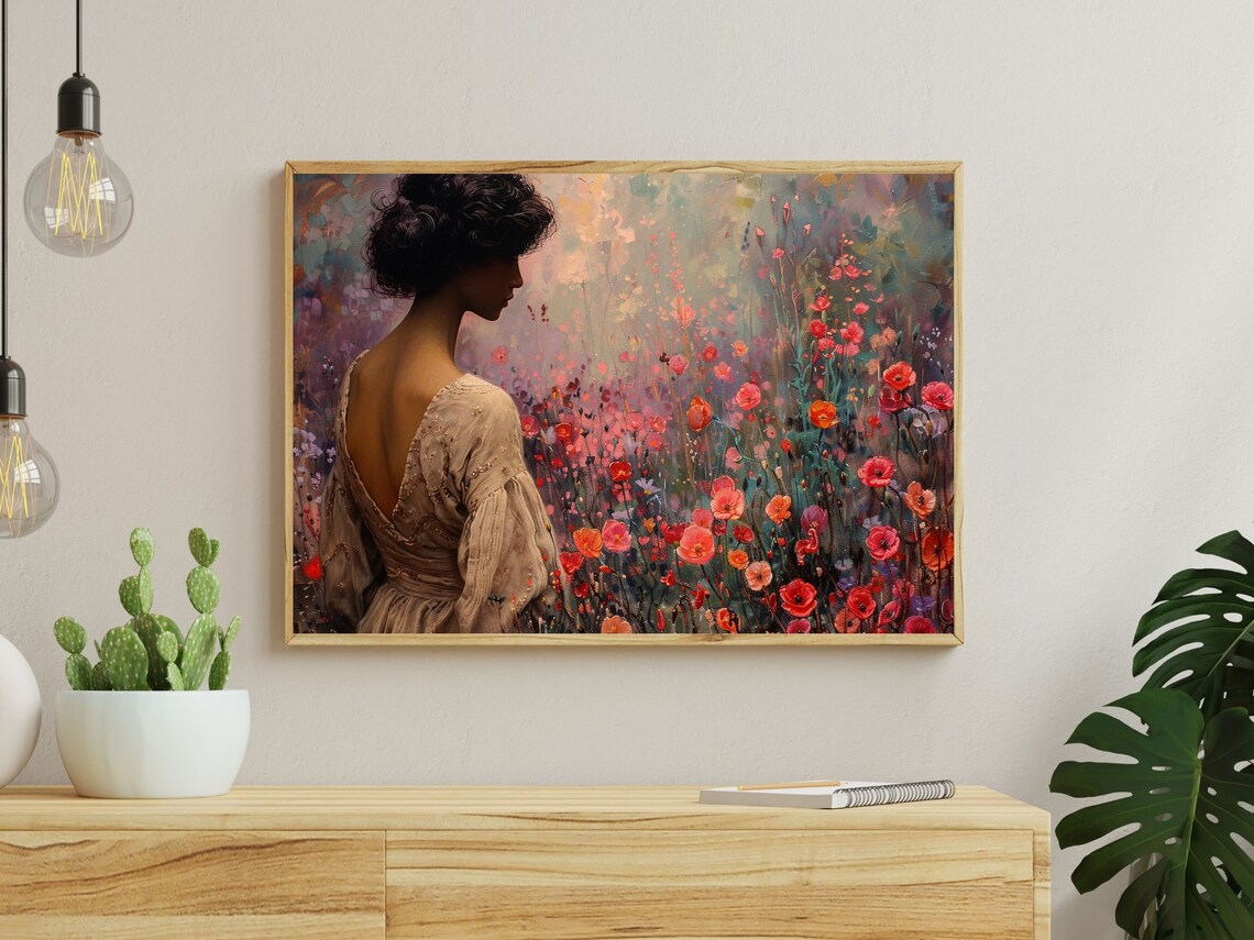 Woman Walking Among Pink and Red Poppies Impressionist Poster - Image 2