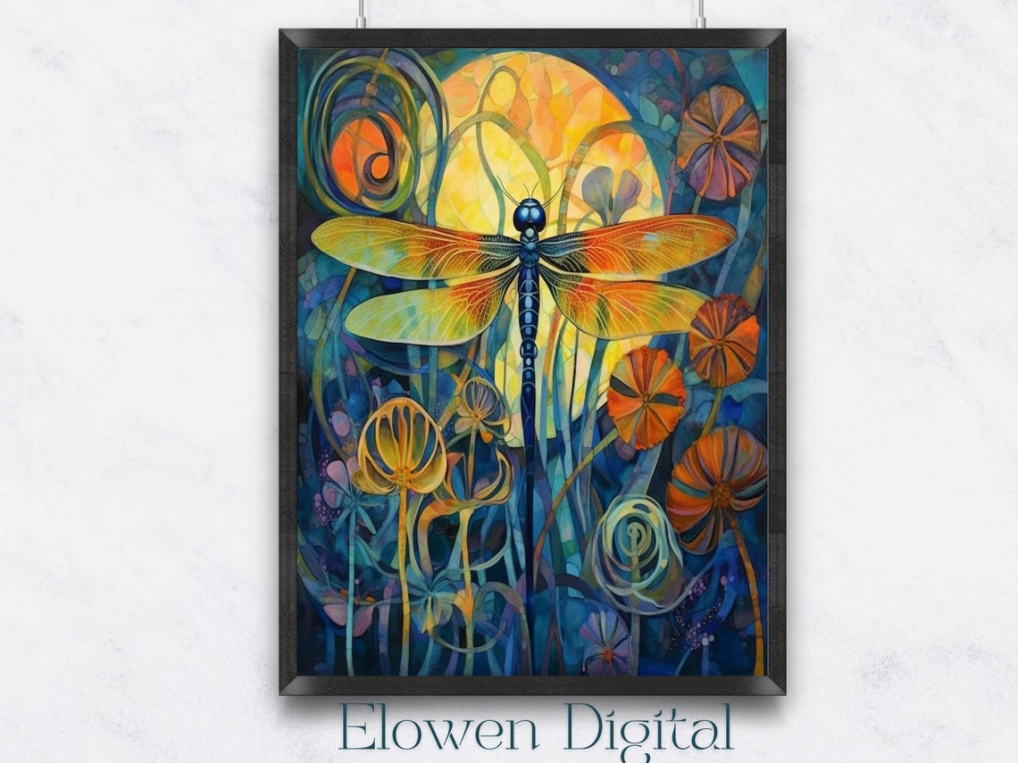 Art Nouveau Dragonfly Stained Glass Style Flower Garden Wall Art