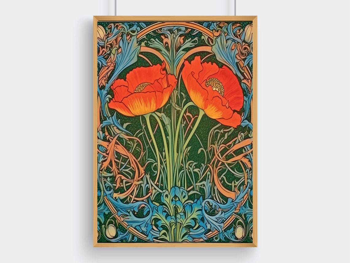 Scarlet Poppies With Blue Green Foliage Morris Style Art Poster