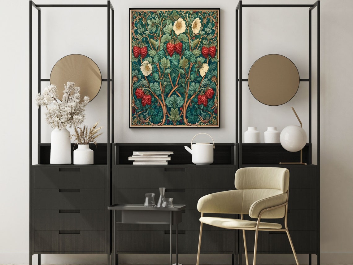 Art Nouveau Raspberry Bush With Red Berries Botanical Poster - Image 4