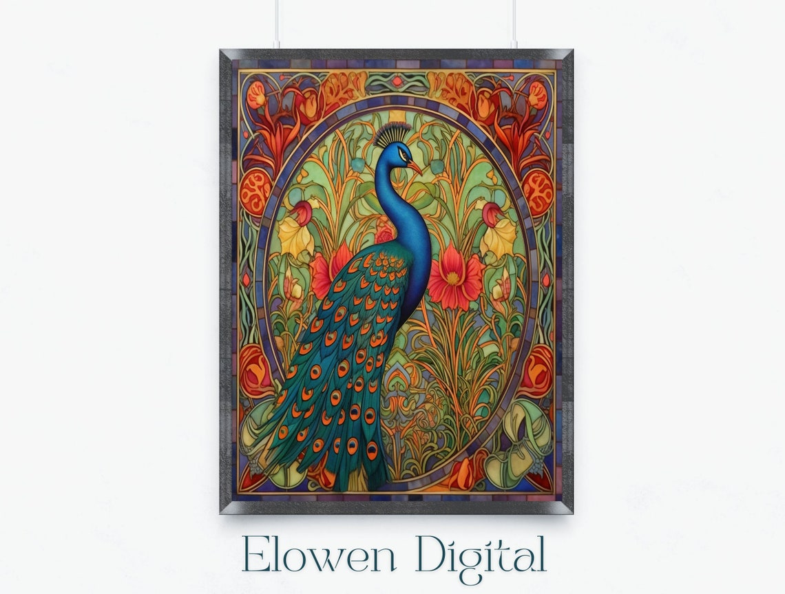 Blue Peacock With Red Blooms Stained Glass Style Scene Wall Art