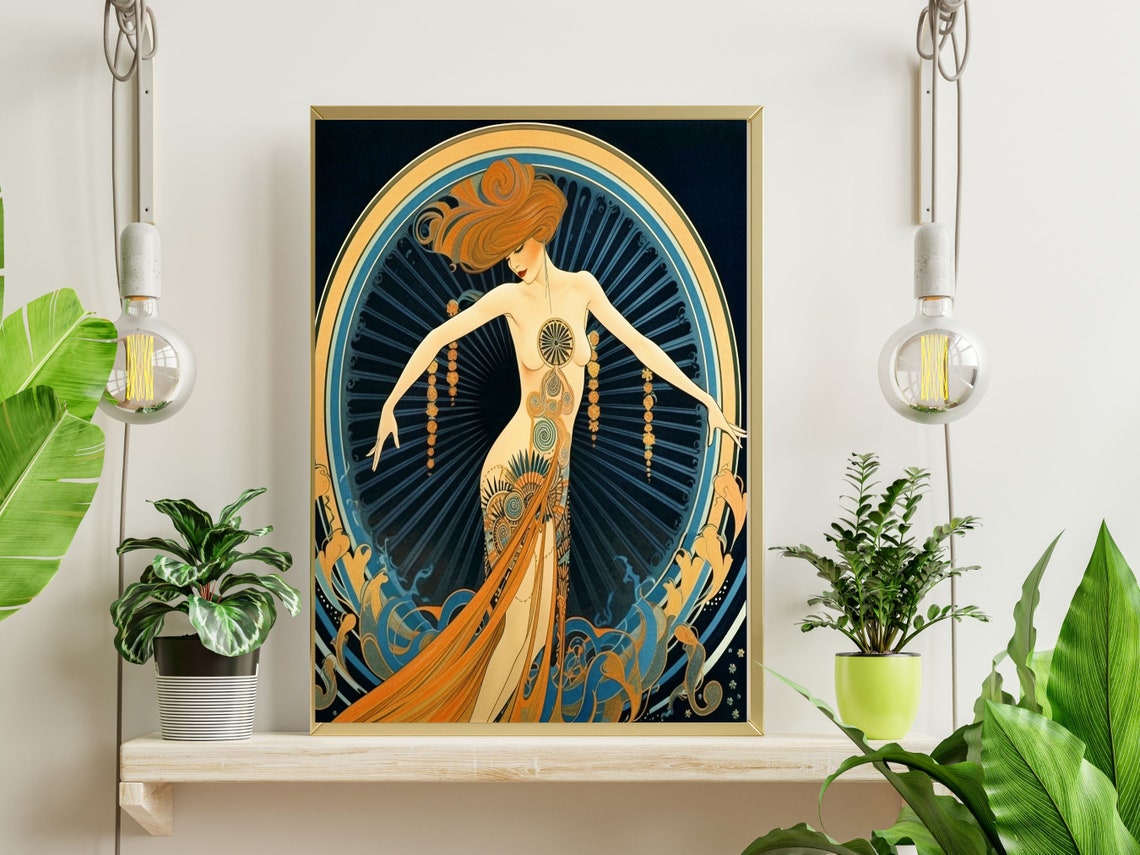 Theatrical Art Deco Erte Style Dancer Peacock Gown Fan Poster - Image 2