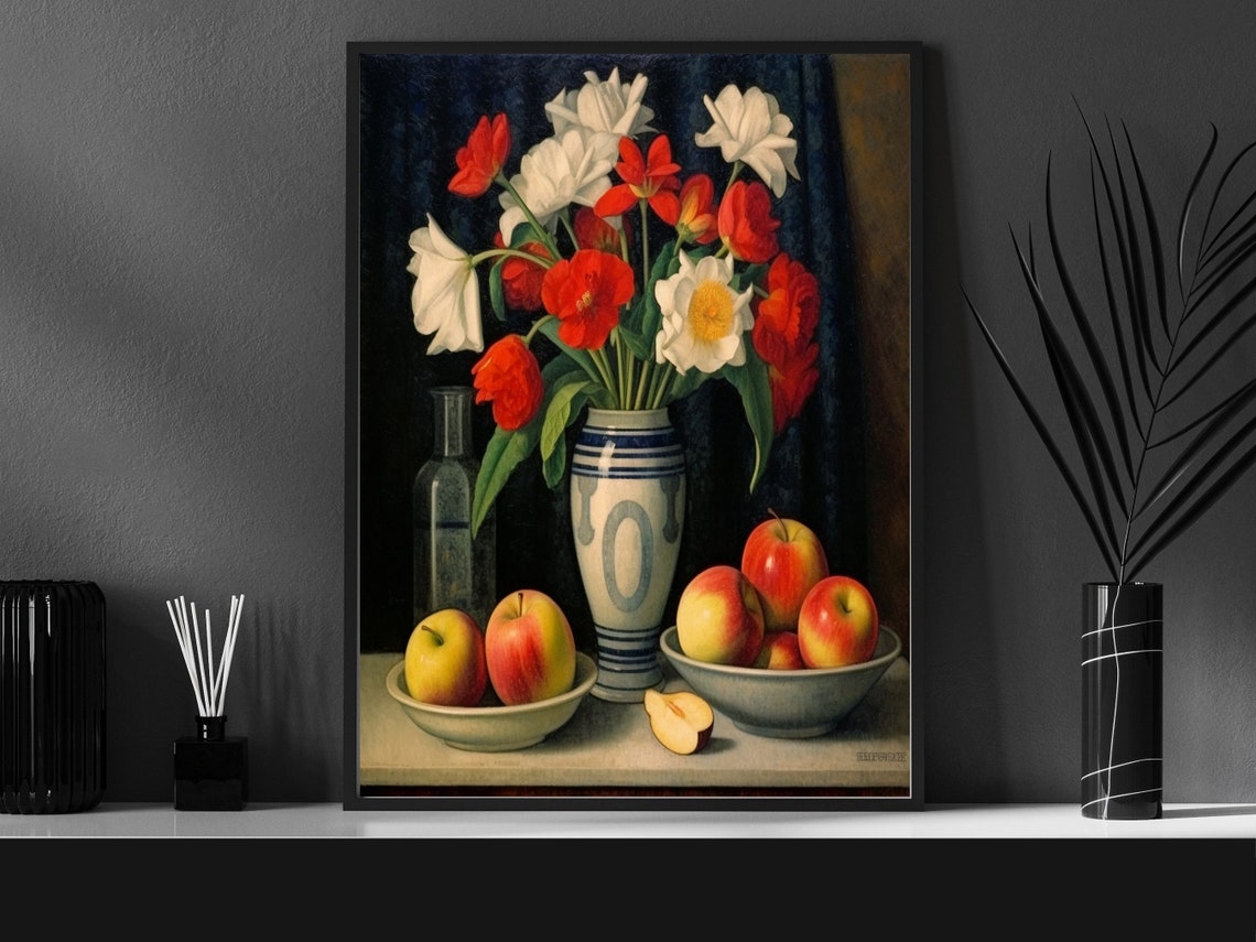 Vintage Still Life Tulips and Apples Kitchen Oil Painting Print - Image 5