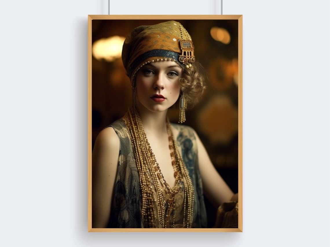 1920s Flapper Woman In Gold Beaded Headscarf And Pearls Art Deco Print