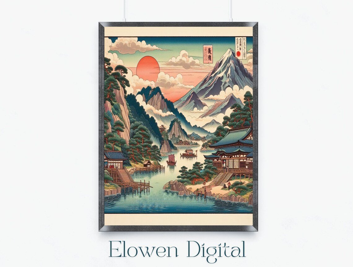 Japanese Ukiyo-e Red Sun Mountain River Village Landscape Wall Art