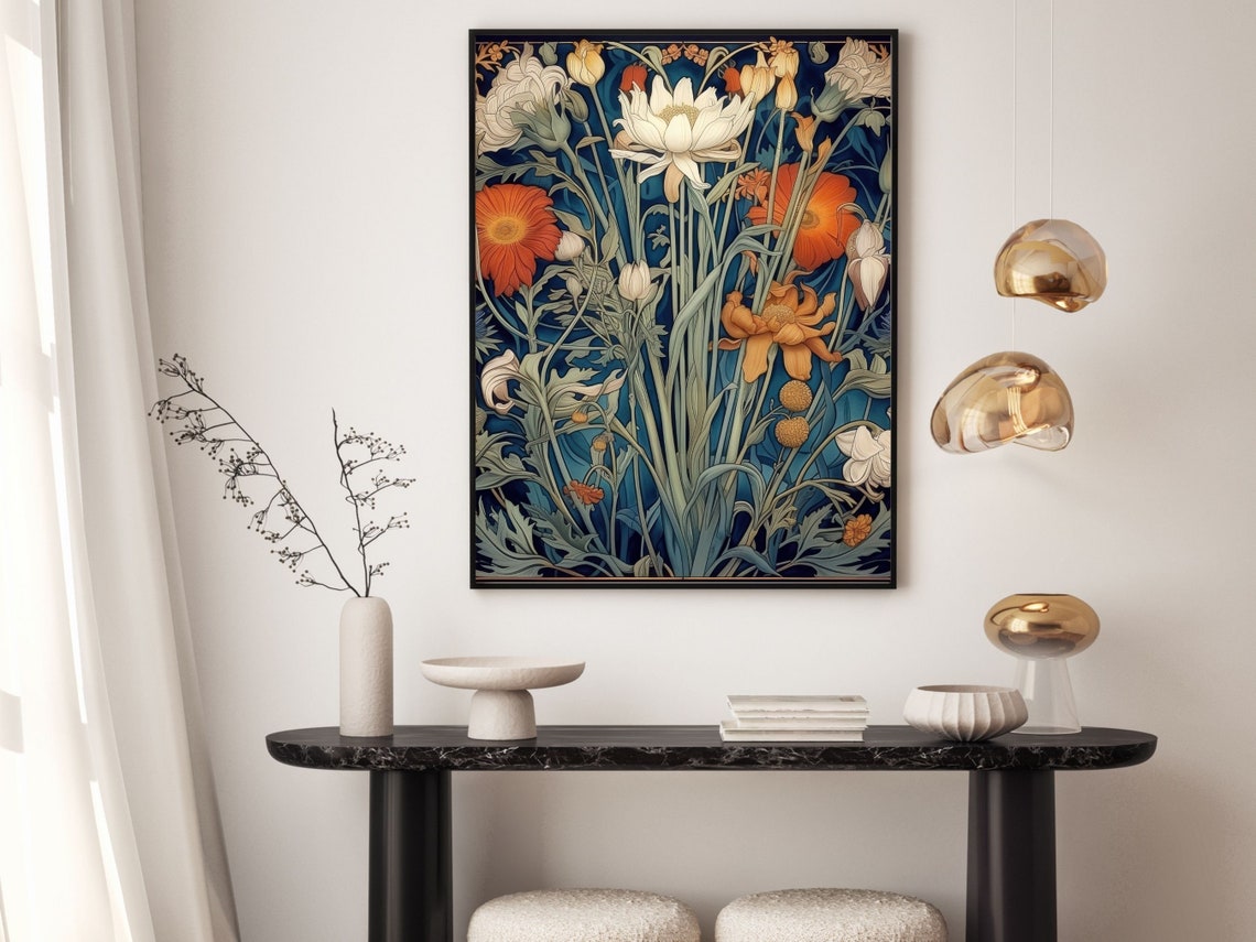 White Lotus and Orange Poppies Botanical Art Nouveau Wall Poster - Image 5