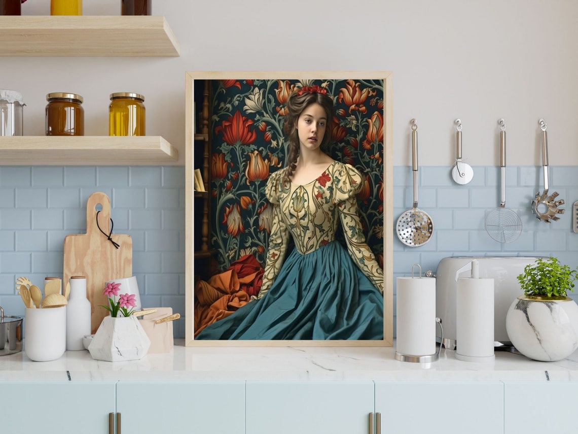 Pre-Raphaelite Woman in Botanical Gown by Morris Wallpaper Poster - Image 4