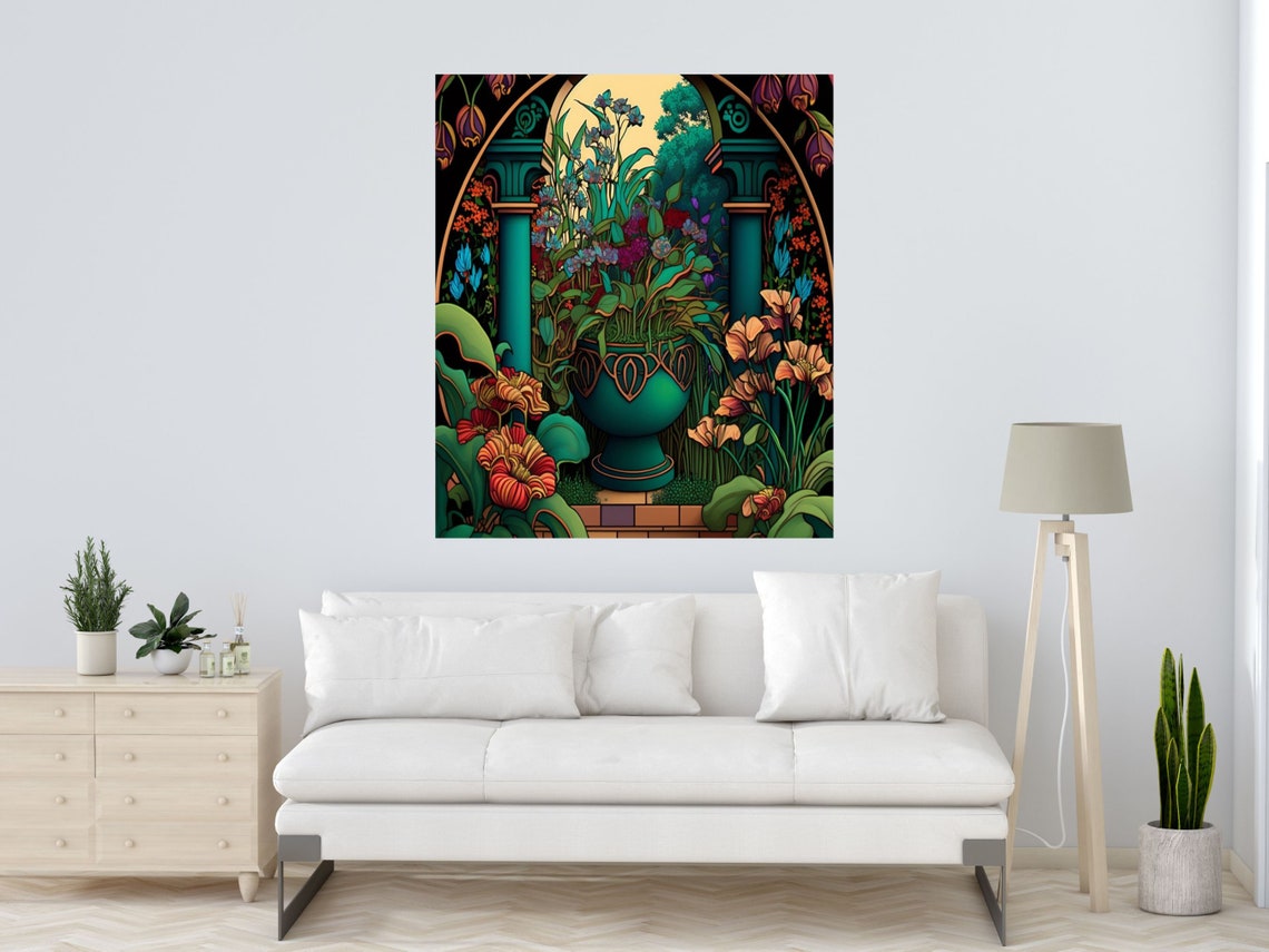 Art Nouveau Garden Urn Between Teal Columns at Dusk in Bloom Poster - Image 5