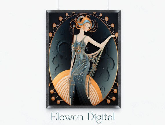Art Deco Woman In Blue Gown With Crescent Moon Scene Wall Art
