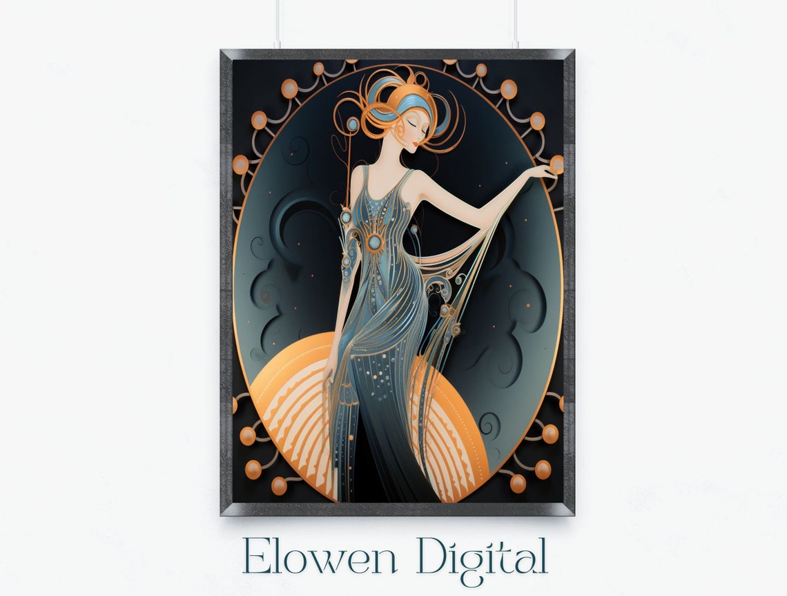 Art Deco Woman In Blue Gown With Crescent Moon Scene Wall Art