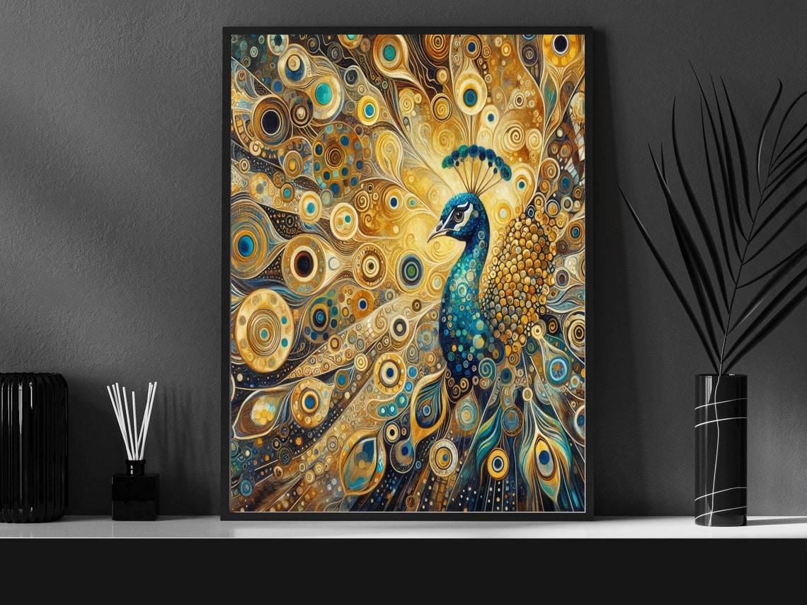 Golden Art Nouveau Peacock with Sapphire Blue Plumage Wall Poster - Image 5