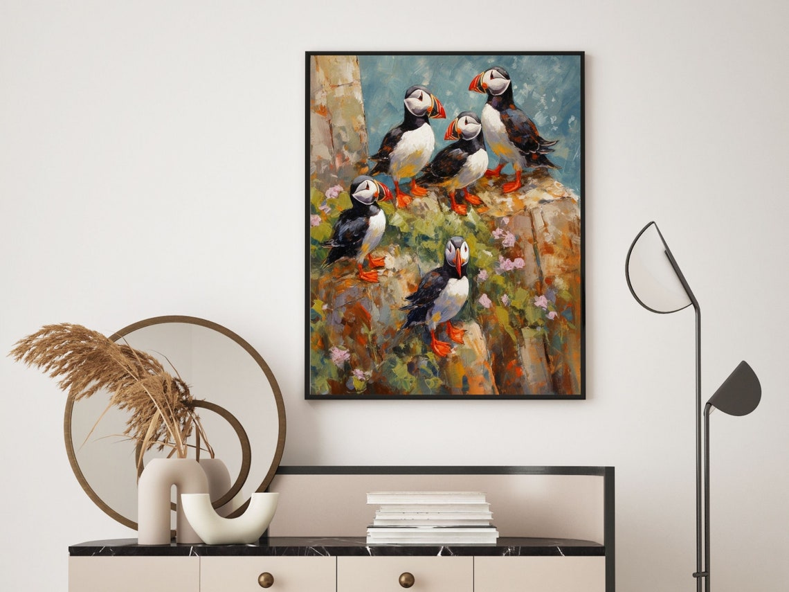 Five Atlantic Puffins On Rocky Cliff Seabird Scene Art Poster - Image 4