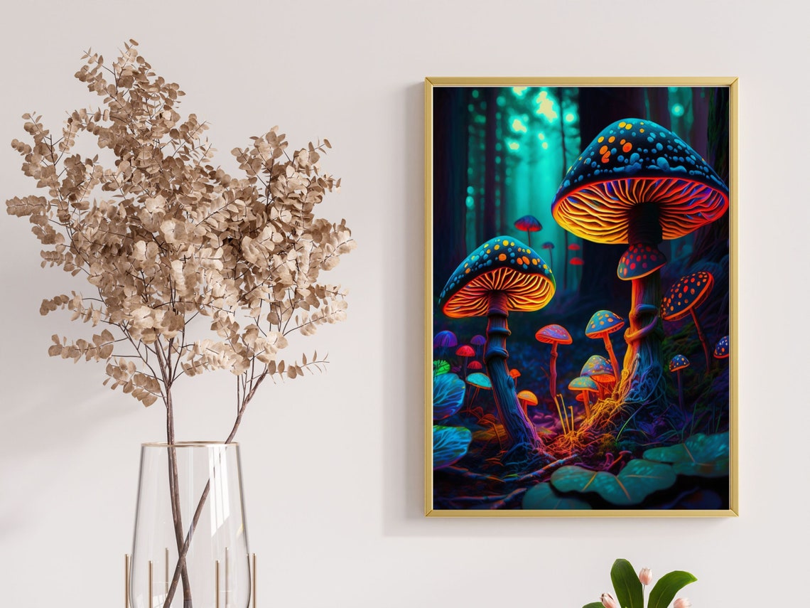 Neon Glow Mushrooms in Enchanted Teal Forest Fantasy Art Poster - Image 2