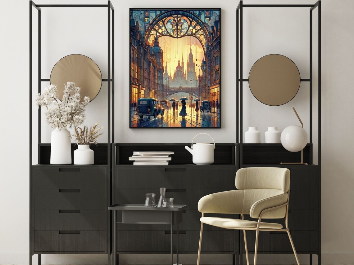 Art Nouveau Rainy 1920s City Street Through Golden Arch Window Poster - Image 6