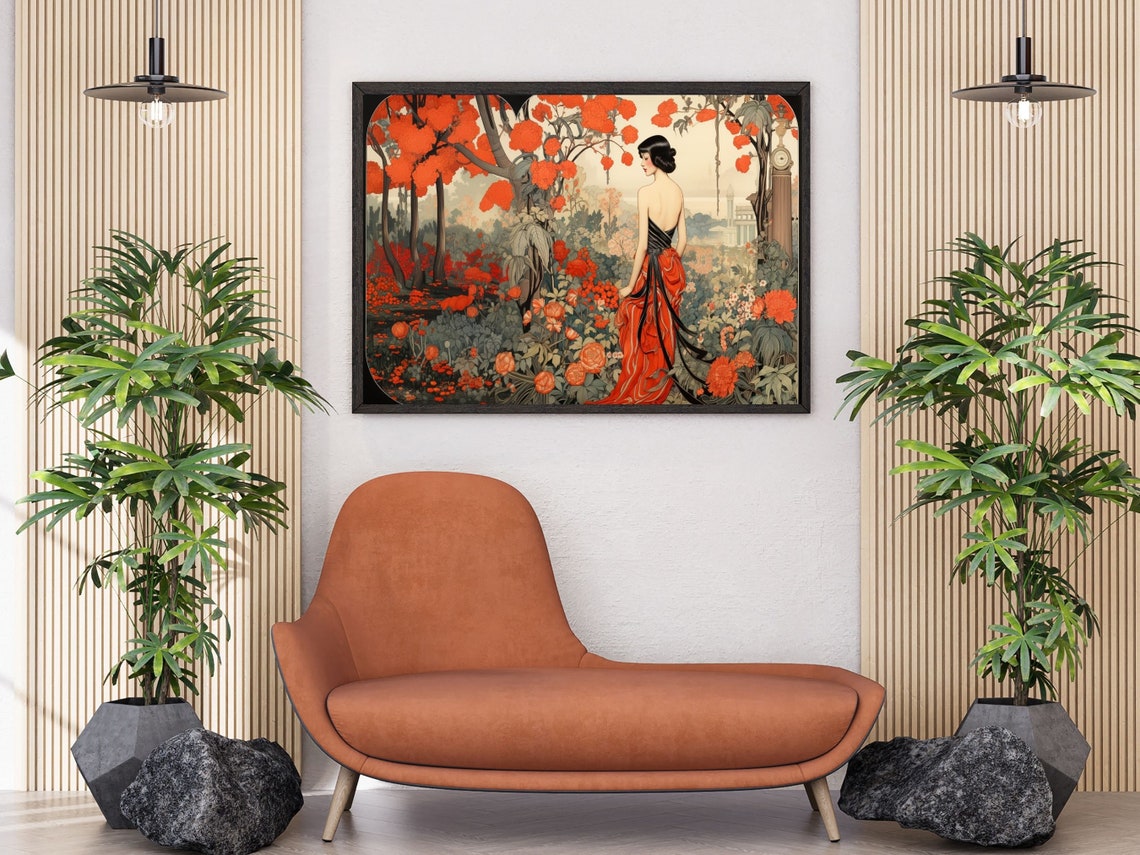 Erté Style Woman in Red Gown in a Crimson Flower Garden Poster