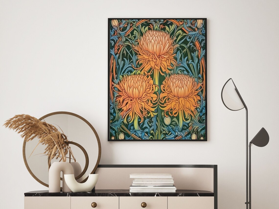 Vibrant Art Nouveau Orange Chrysanthemums Morris Style Wall Art - Image 6