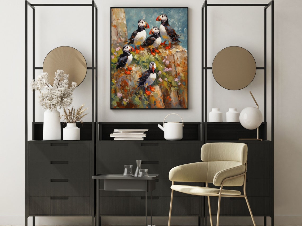 Five Atlantic Puffins On Rocky Cliff Seabird Scene Art Poster - Image 5