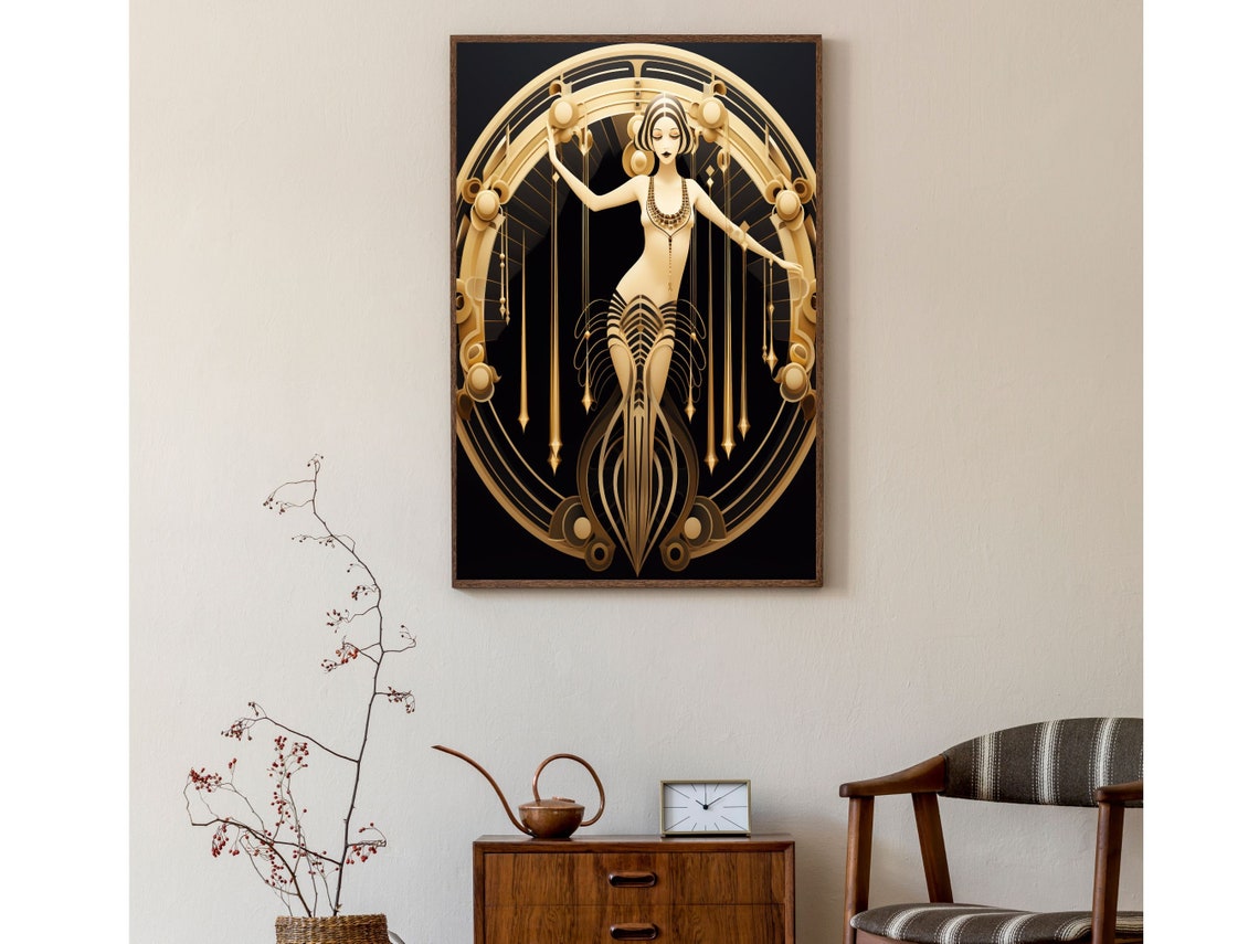 Art Deco Gold And Black Dancer In Circular Geometric Frame Poster - Image 2