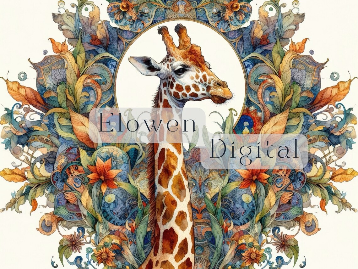 Giraffe Portrait in Autumn Leaves Floral Medallion Wall Poster - Image 5